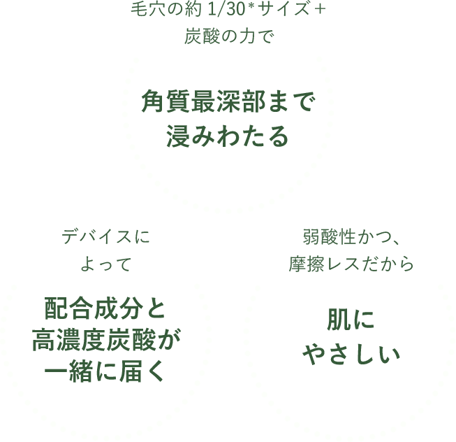 角層最深部まで浸みわたる 配合成分と 高濃度炭酸が一緒に届く 肌にやさしい