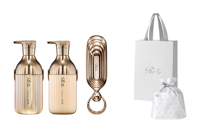 【ReFaギフトラッピングセット S】リファミルクプロテインシャンプー ＆ トリートメントロイヤル ＆ シャンプーブラシミルク（ブラウンゴールド） セット