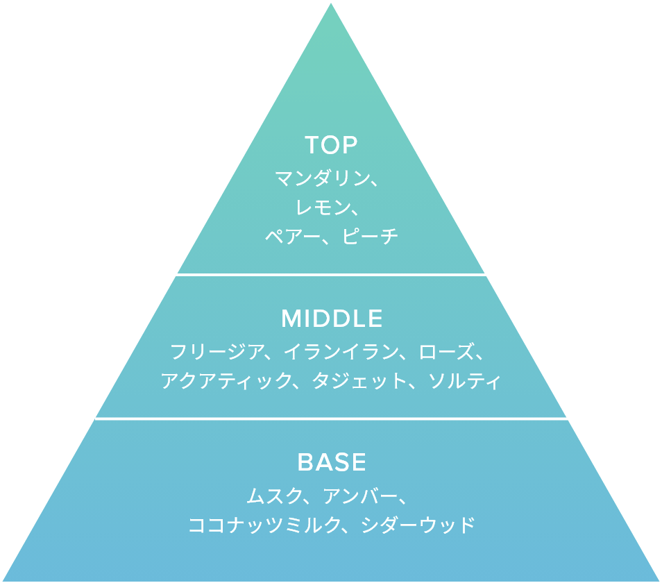 TOP マンダリン、レモン、ペアー、ピーチ MIDDLE フリージア、イランイラン、ローズ、アクアティック、タジェット、ソルティ BASE ムスク、アンバー、ココナッツミルク、シダーウッド