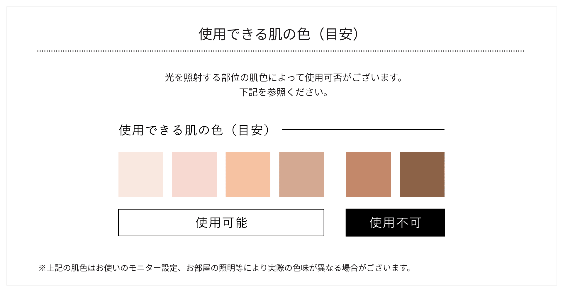使用できる肌の色（目安）使用可能な４色と使用不可の２色（目安）