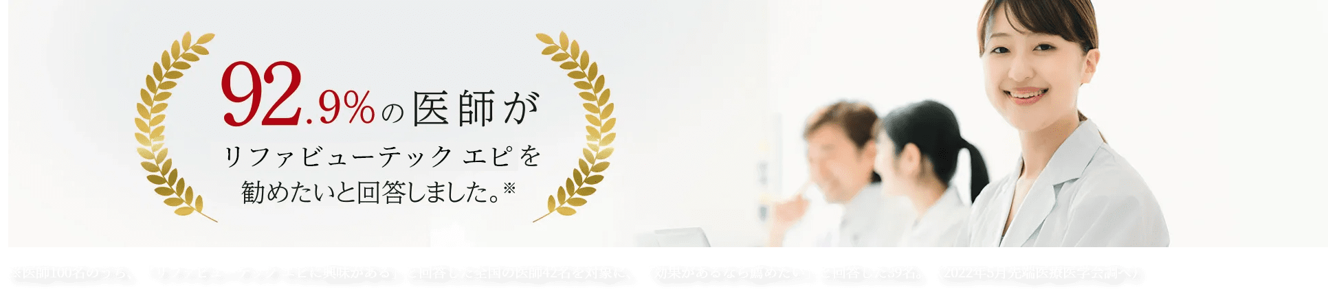 92.9%の医師がリファビューテック エピを勧めたいと回答しました。※医師100名のうち、「リファビューテック エピに興味がある」と回答した全国の医師42名を対象に、「効果があるなら薦めたい」と回答した39名。（2022年5月先端医療医学会調べ）