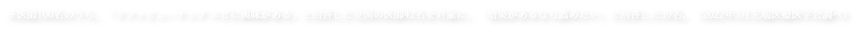 ※医師100名のうち、「リファビューテック エピに興味がある」と回答した全国の医師42名を対象に、「効果があるなら薦めたい」と回答した39名。（2022年5月先端医療医学会調べ）