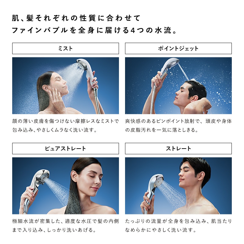肌、髪それぞれの性質に合わせてファインバブルを全身に届ける4つの水流。