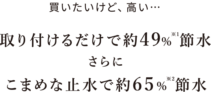 取り付けるだけで約49％※1節水 さらに こまめな止水で約65％※2節水