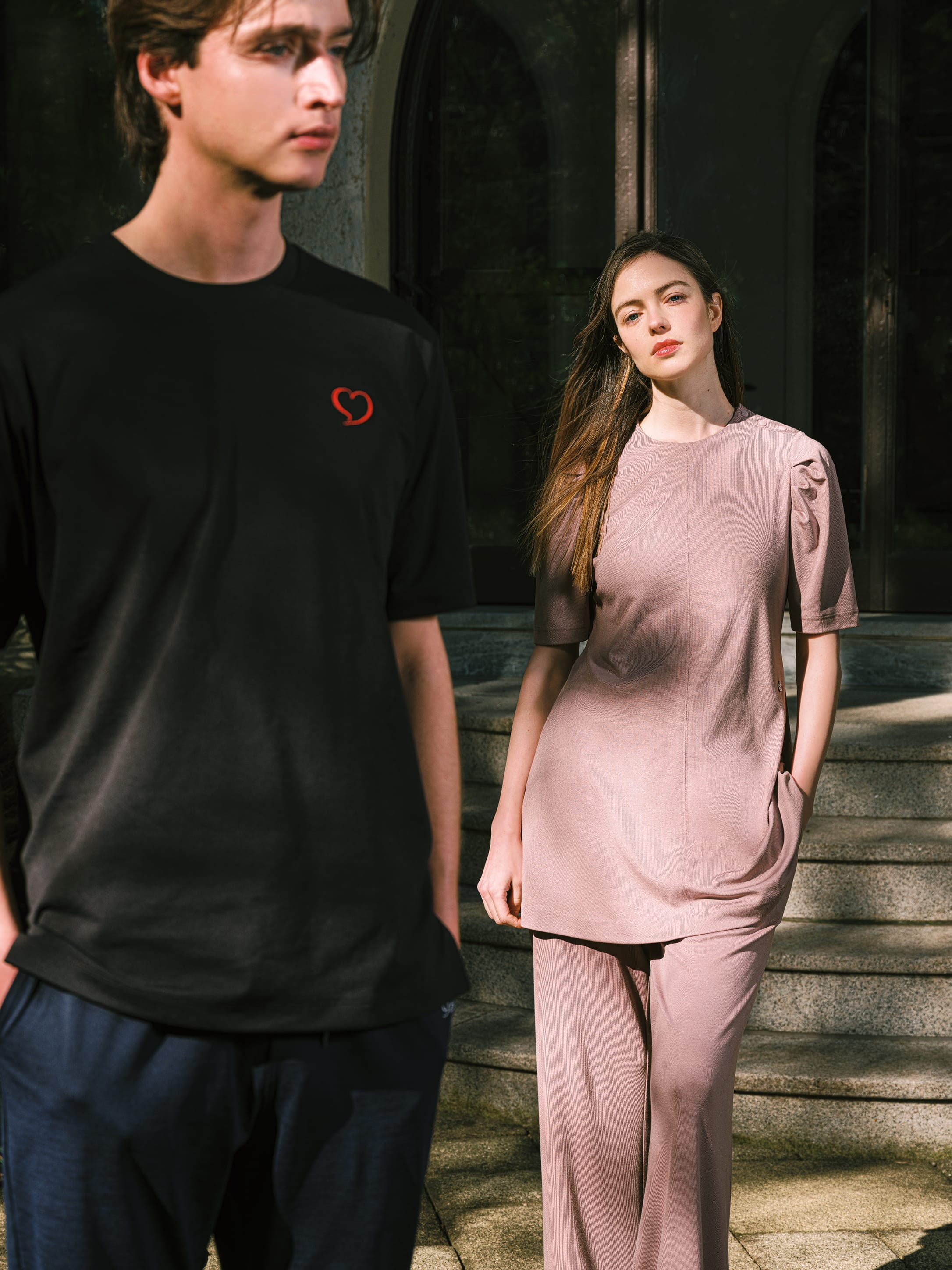 コンフォートジャージー クールネックTシャツハートコレクション モイストスムース ギャザーショートスリーブプルオーバー モイストスムース ワイドパンツ