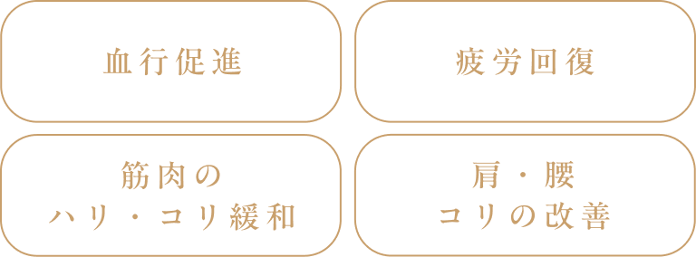 血行促進、疲労回復、筋肉のハリ・コリ緩和、肩・腰コリの改善