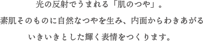 光の反射でうまれる「肌のつや」。素肌そのものに自然なつやを生み、内面からわきあがるいきいきとした輝く表情をつくります。