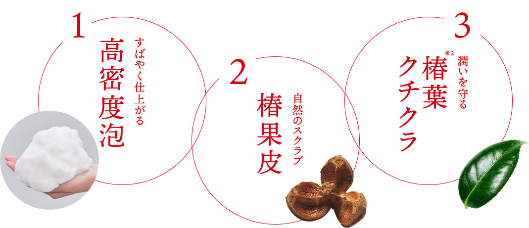 1:すばやく仕上がる 高密度泡 2:自然のスクラブ 椿果皮 3:潤いを守る 椿葉クチクラ※2