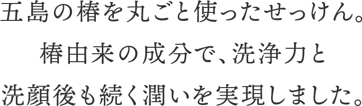 五島の椿を丸ごと使ったせっけん。椿由来の成分で、洗浄力と洗顔後も続く潤いを実現しました。