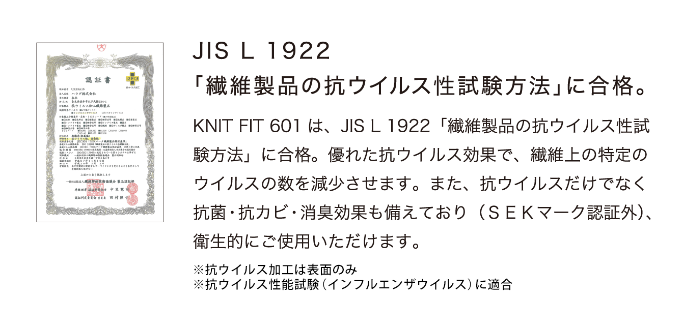 JIS L 1922「繊維製品の抗ウイルス製試験方法」に合格。