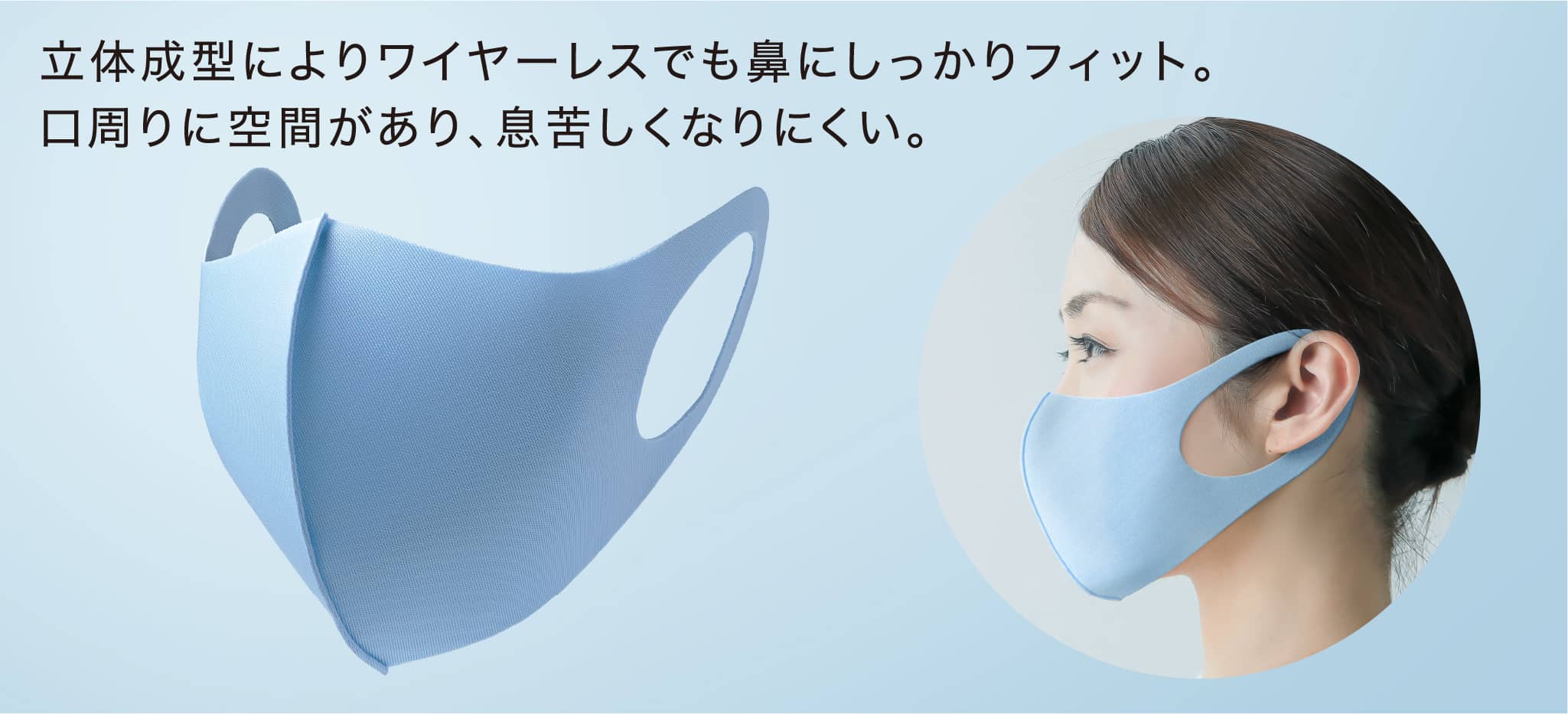立体成型によりワイヤーレスでも鼻にしっかりフィット。口周りに空間があり、息苦しくなりにくい。