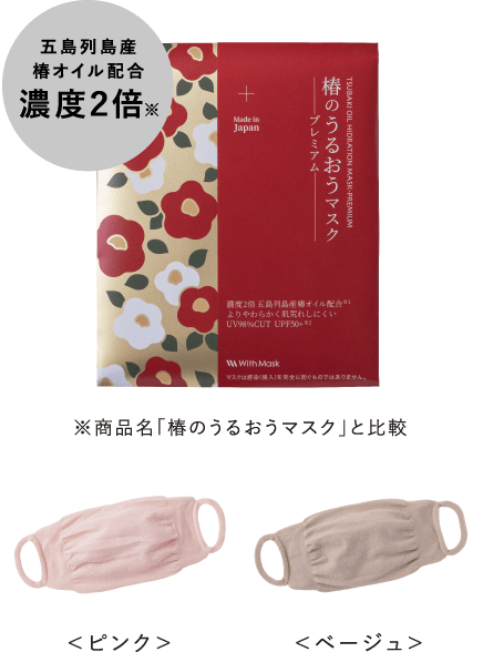 五島列島産椿オイル配合濃度2倍※商品名「椿のうるおうマスク」と比較、ピンクとベージュ