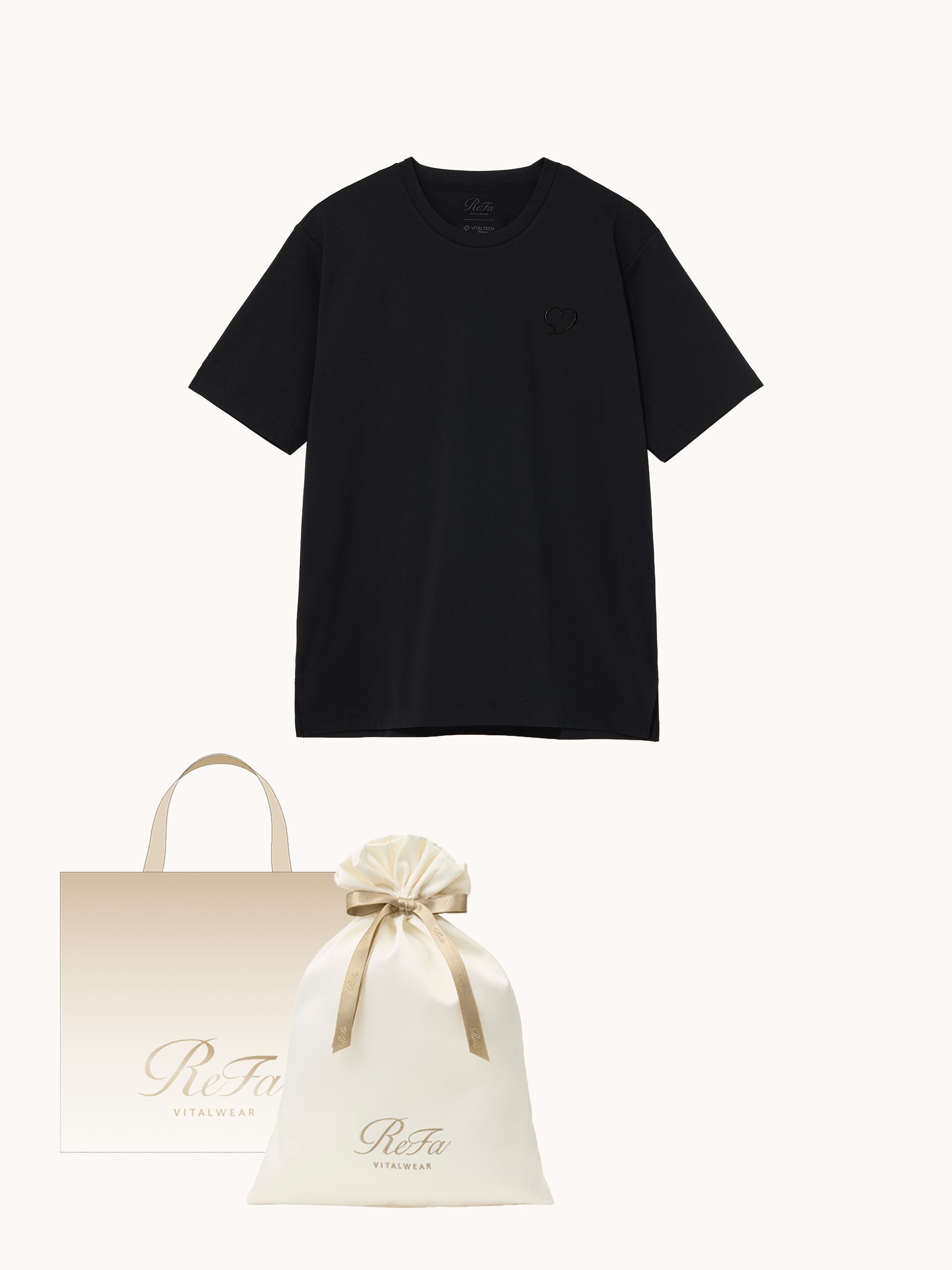 【ReFa VITALWEARギフトラッピングセットL & ショッパーM】リファ バイタルテック コンフォートジャージー クルーネックTシャツハートコレクション Aira#3 mono ブラック M
