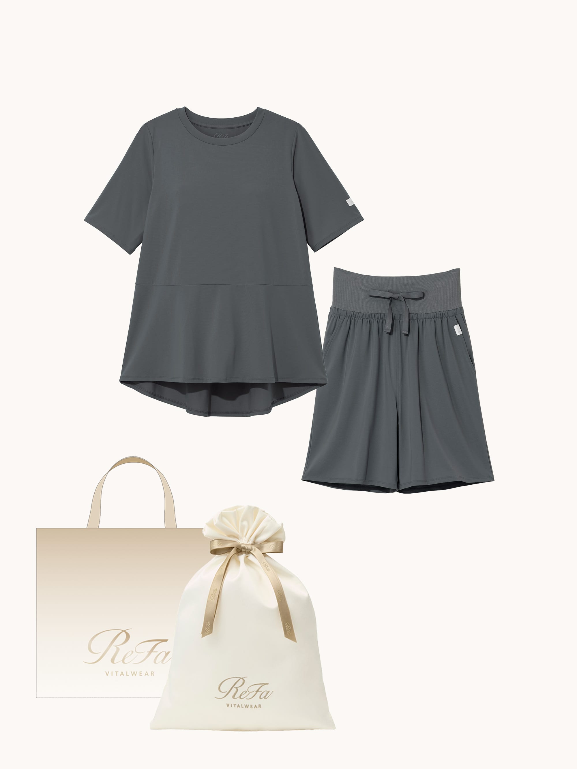 【ReFa VITALWEARギフトラッピングセットL + ショッパーM】リファ バイタルテック ストレッチスムース ショートスリーブプルオーバー&ストレッチスムース ショートパンツ/WOMEN ダークグレー M