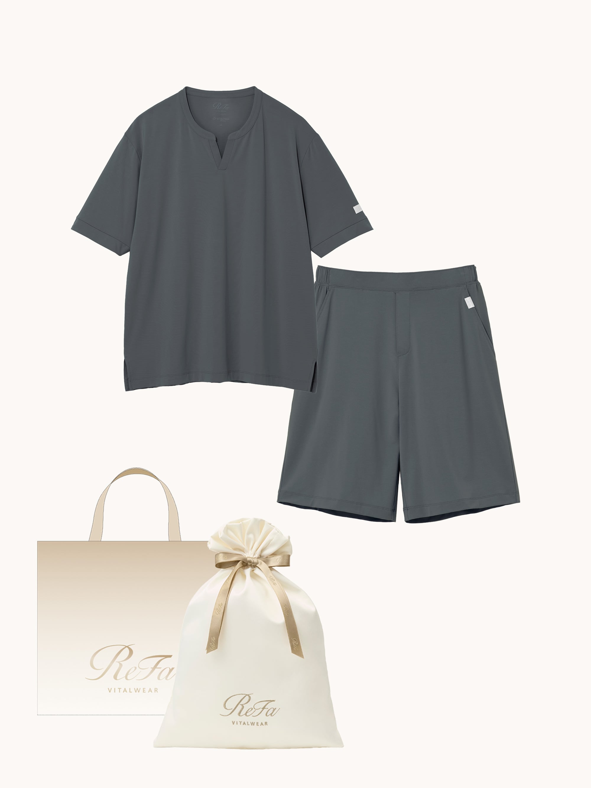【ReFa VITALWEARギフトラッピングセットL + ショッパーM】リファ バイタルテック ストレッチスムース ショートスリーブプルオーバー&ストレッチスムース ショートパンツ/MEN