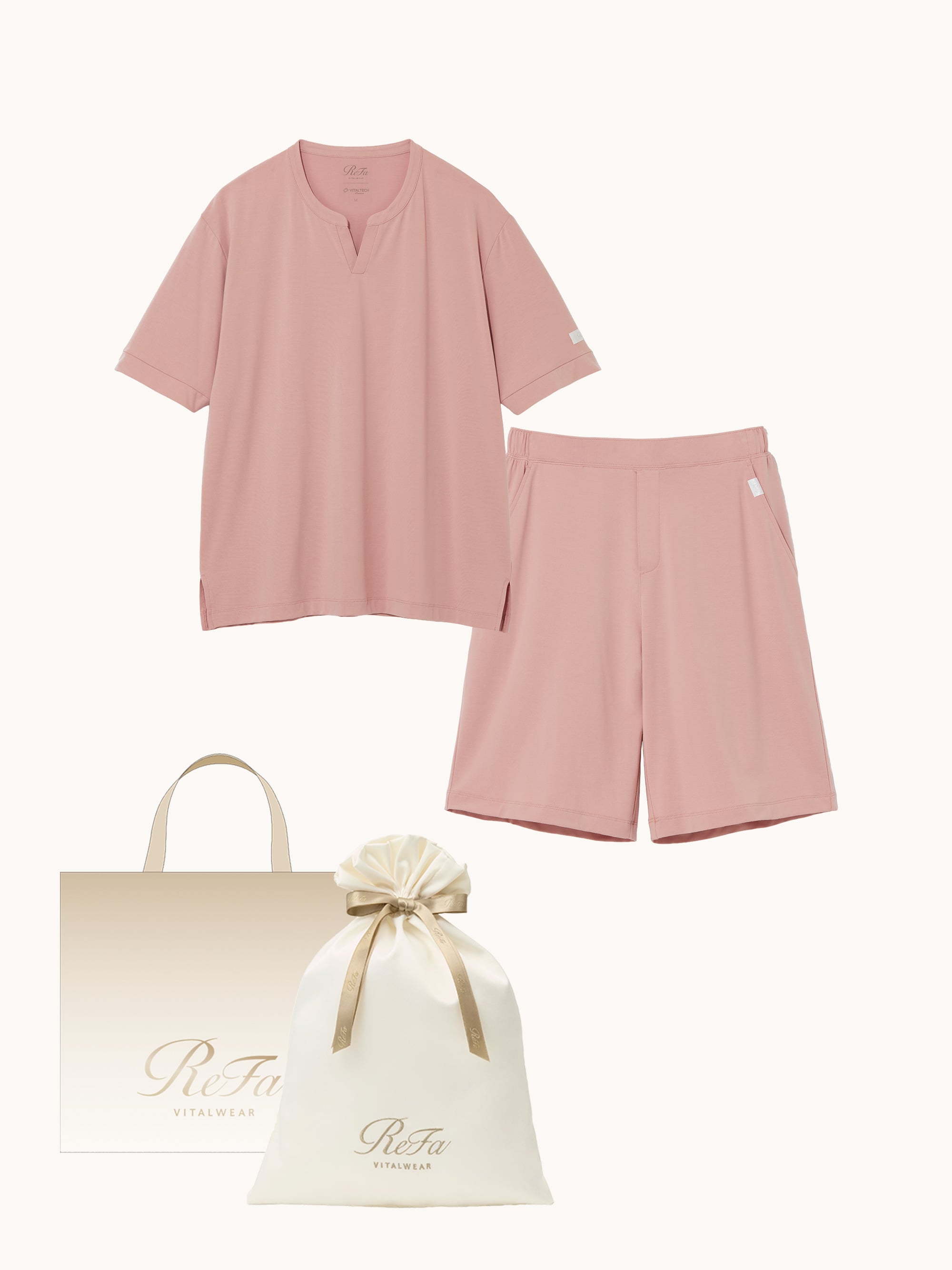 【ReFa VITALWEARギフトラッピングセットL + ショッパーM】リファ バイタルテック ストレッチスムース ショートスリーブプルオーバー&ストレッチスムース ショートパンツ/MEN ピンク M