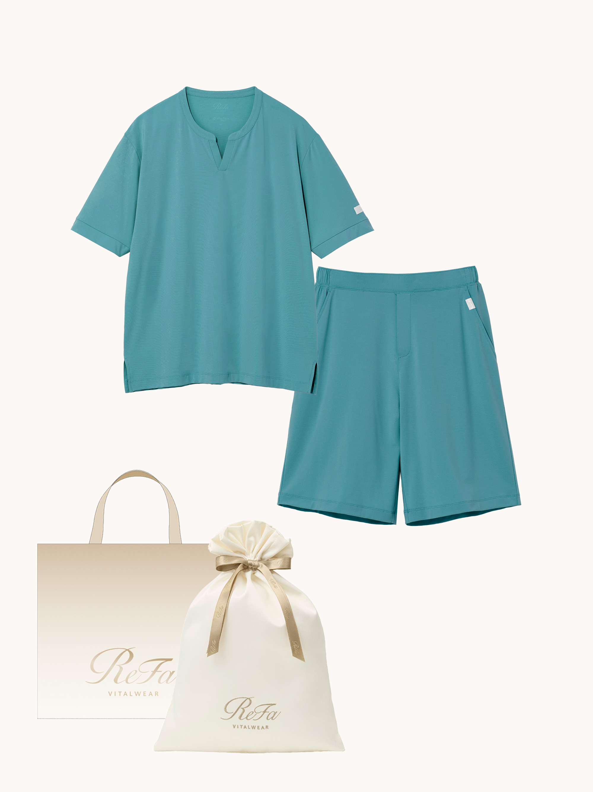 【ReFa VITALWEARギフトラッピングセットL + ショッパーM】リファ バイタルテック ストレッチスムース ショートスリーブプルオーバー&ストレッチスムース ショートパンツ/MEN ターコイズ M