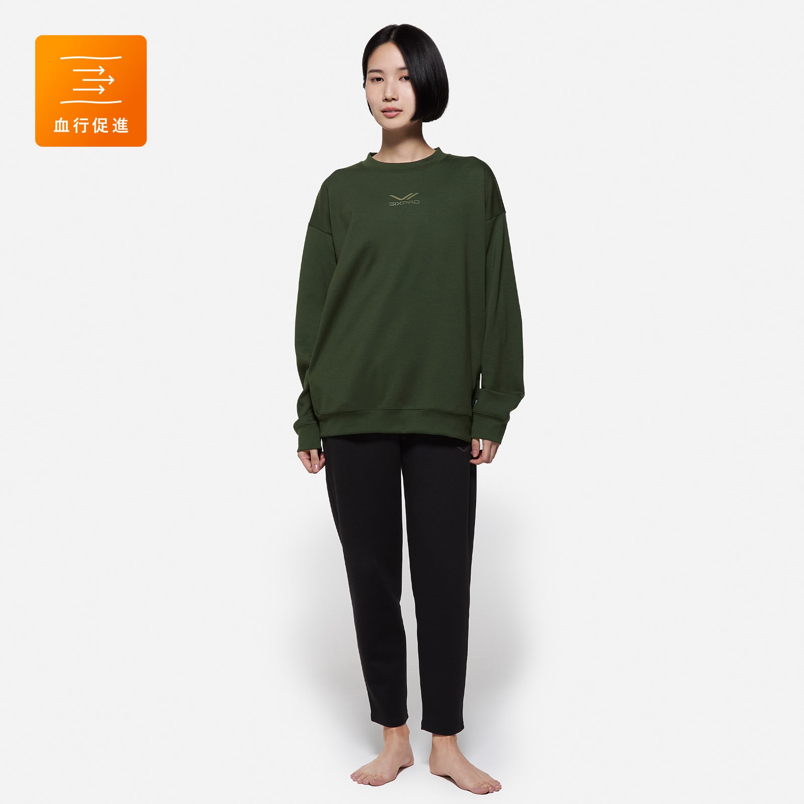 シックスパッド リカバリーウェア クルーネック カーキ L