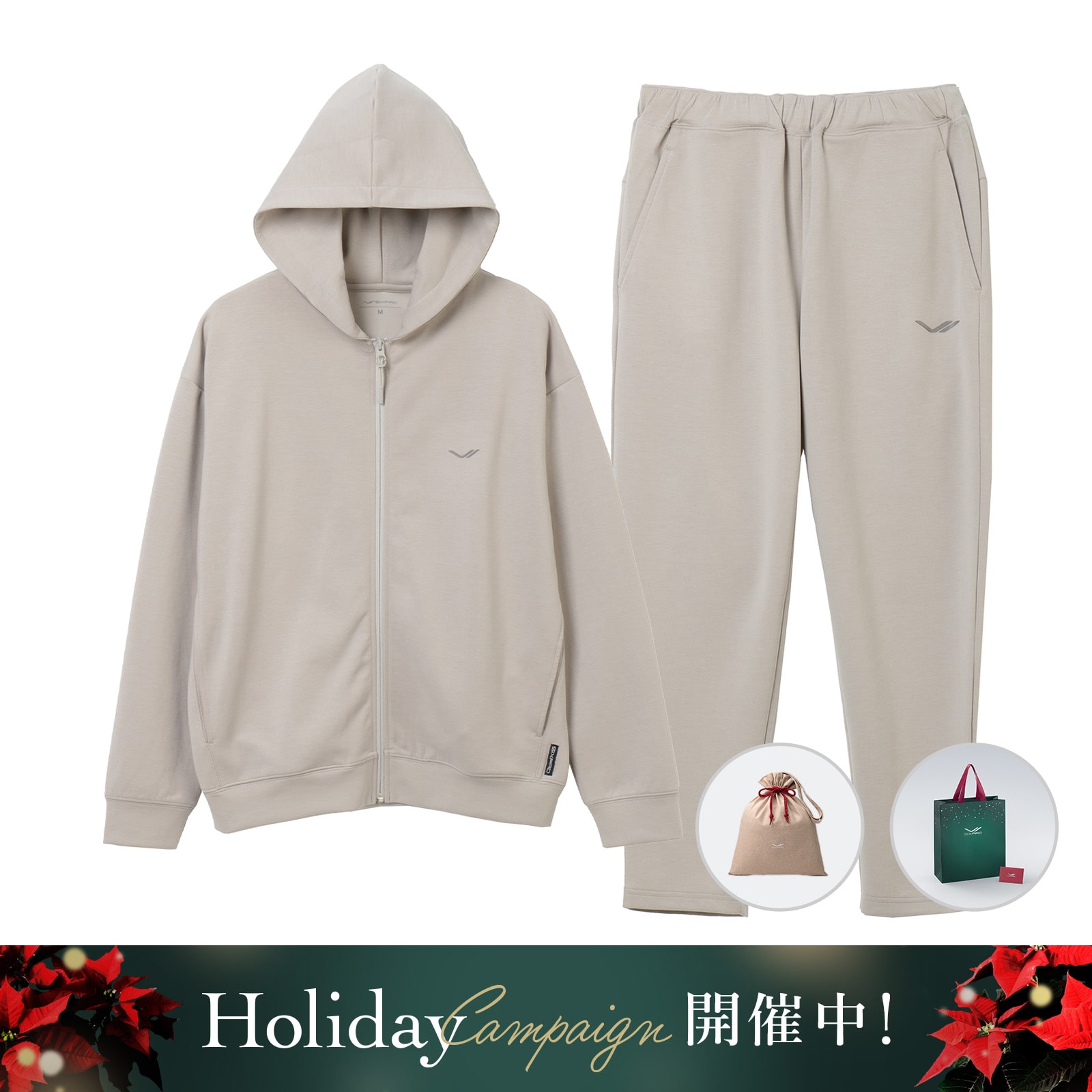 シックスパッド リカバリーウェア(ジップパーカー&テーパードパンツ)上下セット ウォームグレー M & 期間限定ギフト巾着バッグセット