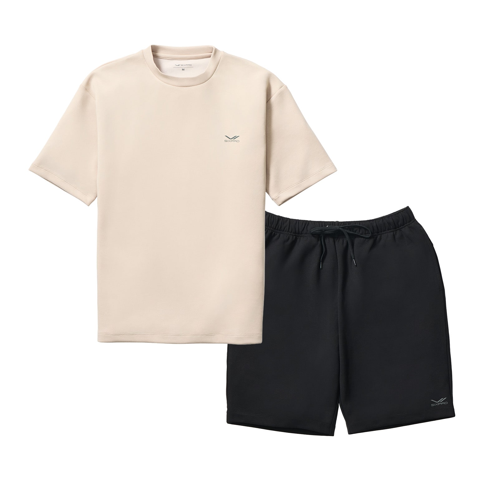 シックスパッド リカバリーウェア オーバーサイズTシャツ ベージュ M & シックスパッド リカバリーウェア ハーフパンツ ブラック M セット