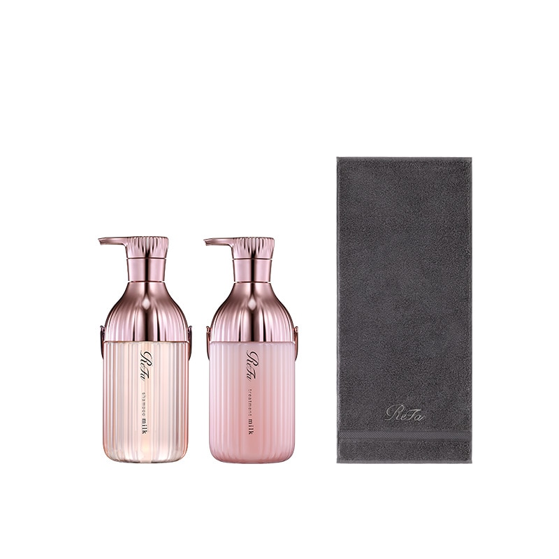 リファミルクプロテインシャンプーピンク & トリートメントピンク セット & リファヘアフェイスタオル(ダークグレー)