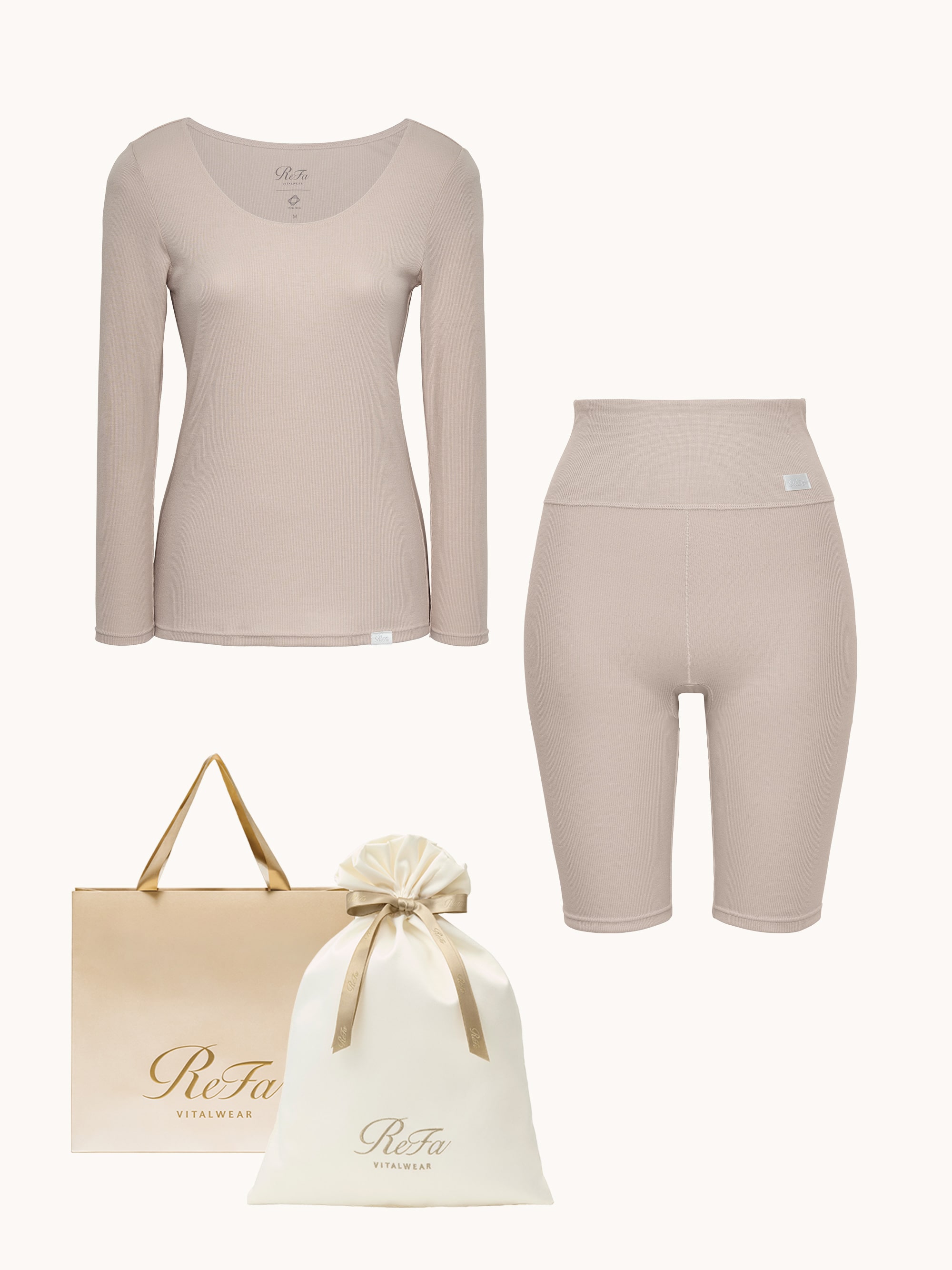 【ReFa VITALWEARギフトラッピングセットM & ショッパーM】リファ バイタルテック モイストリブ Uネックロングスリーブインナー ベージュ S & リファ バイタルテック モイストリブ オーバーパンツ ベージュ S