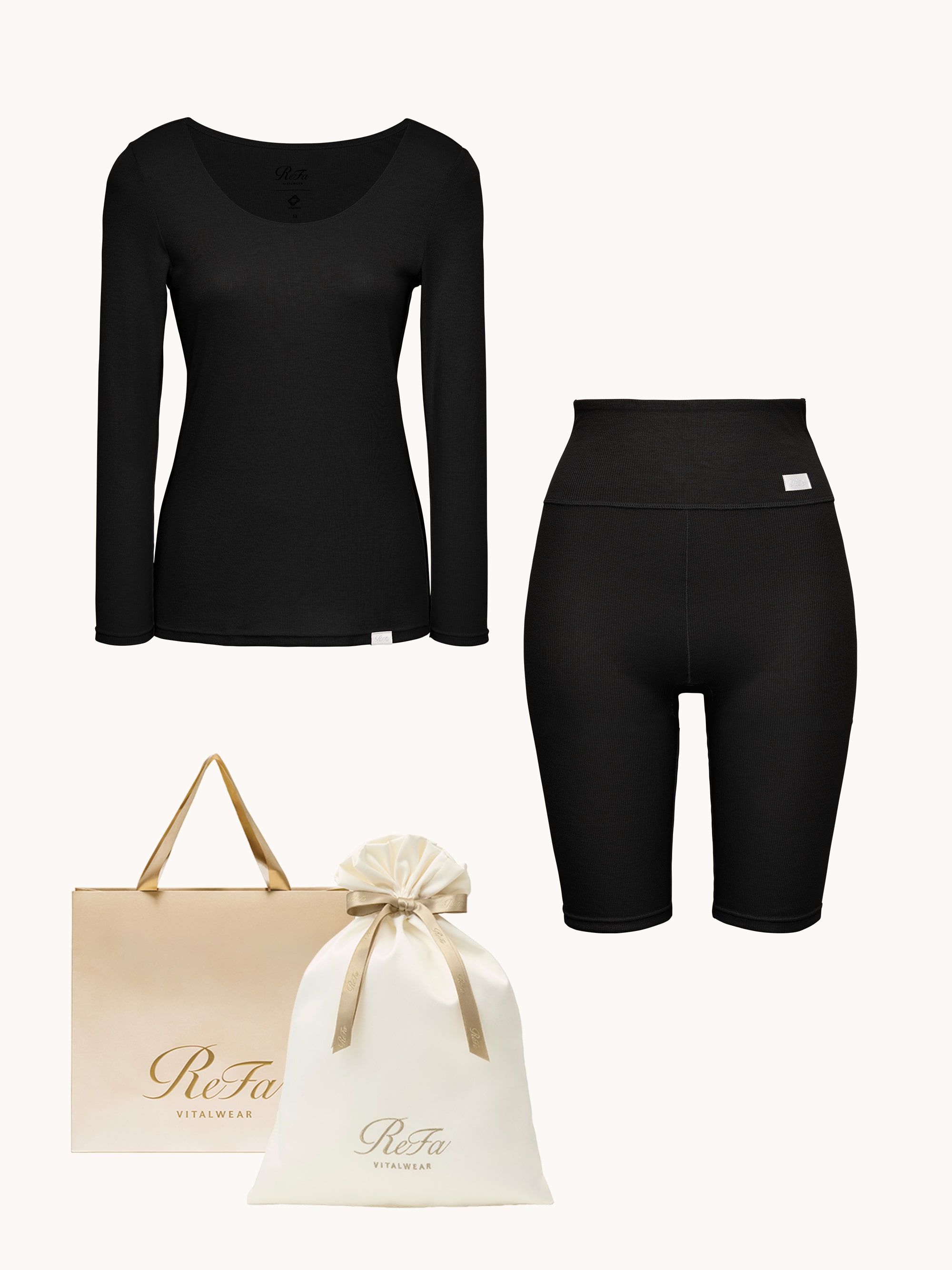 【ReFa VITALWEARギフトラッピングセットM & ショッパーM】リファ バイタルテック モイストリブ Uネックロングスリーブインナー ブラック M & リファ バイタルテック モイストリブ オーバーパンツ ブラック M
