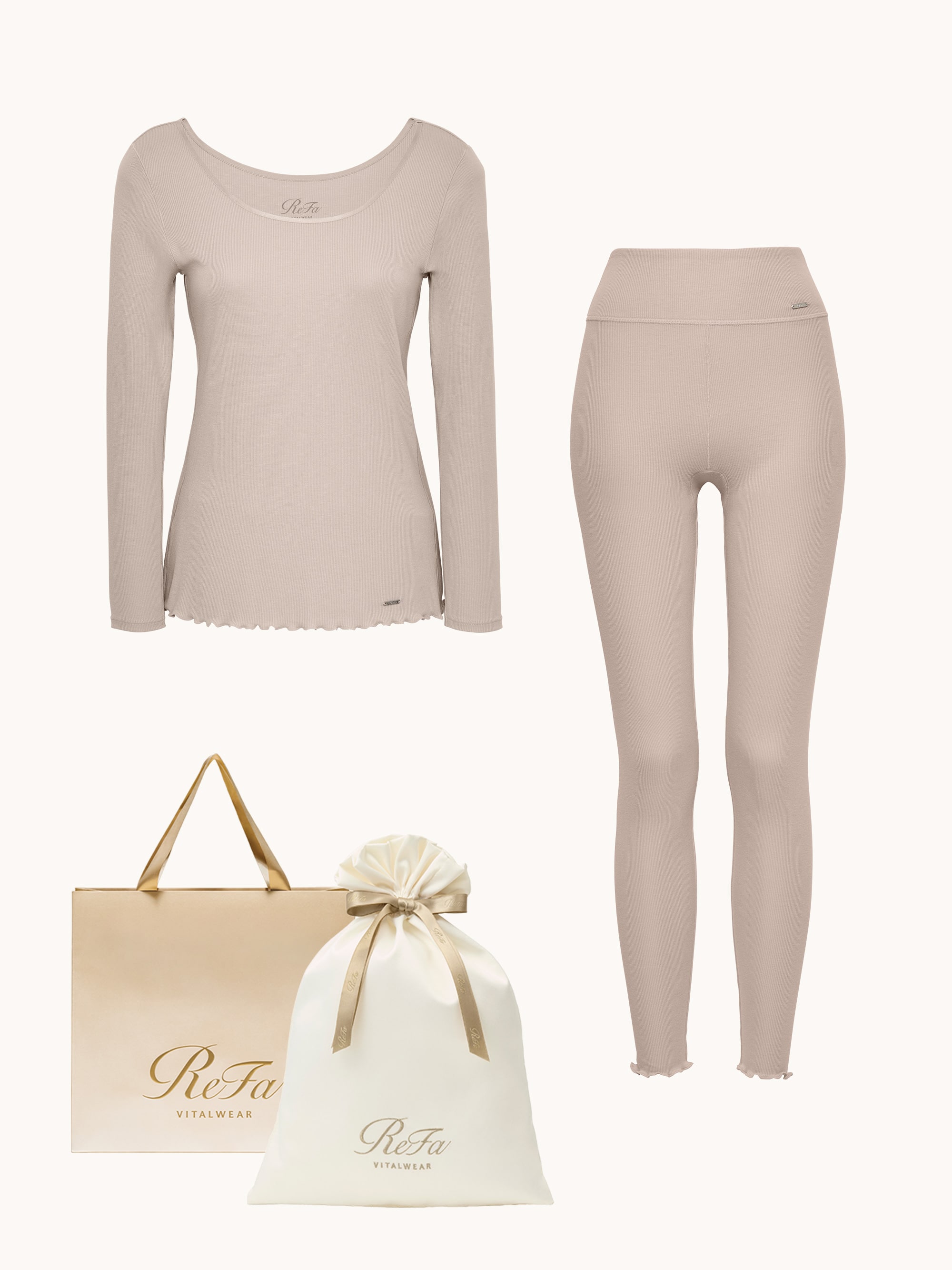 【ReFa VITALWEARギフトラッピングセットM & ショッパーM】リファ バイタルテック リッチシルクリブ Uネックロングスリーブインナー ベージュ S & リファ バイタルテック リッチシルクリブ レギンス ベージュ S