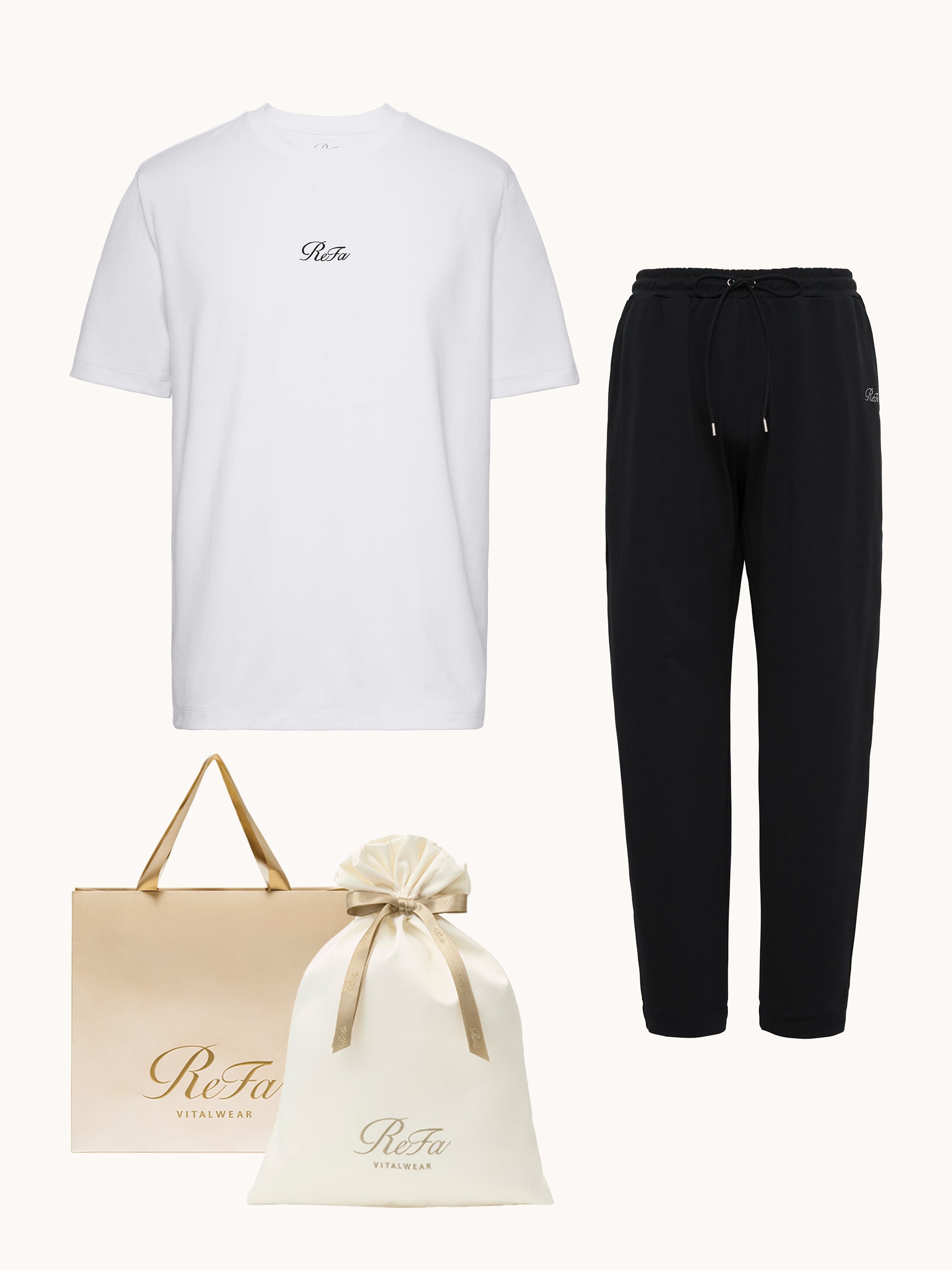 【ReFa VITALWEARギフトラッピングセットL & ショッパーM】リファ バイタルテック コンフォートジャージー クルーネックTシャツ ホワイト M & リファ バイタルテック コンフォートジャージー テーパードパンツ ブラック M