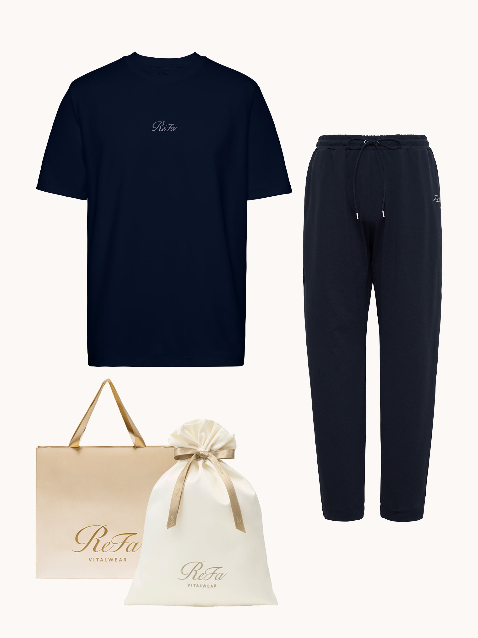 【ReFa VITALWEARギフトラッピングセットL & ショッパーM】リファ バイタルテック コンフォートジャージー クルーネックTシャツ ネイビー S & リファ バイタルテック コンフォートジャージー テーパードパンツ ネイビー S