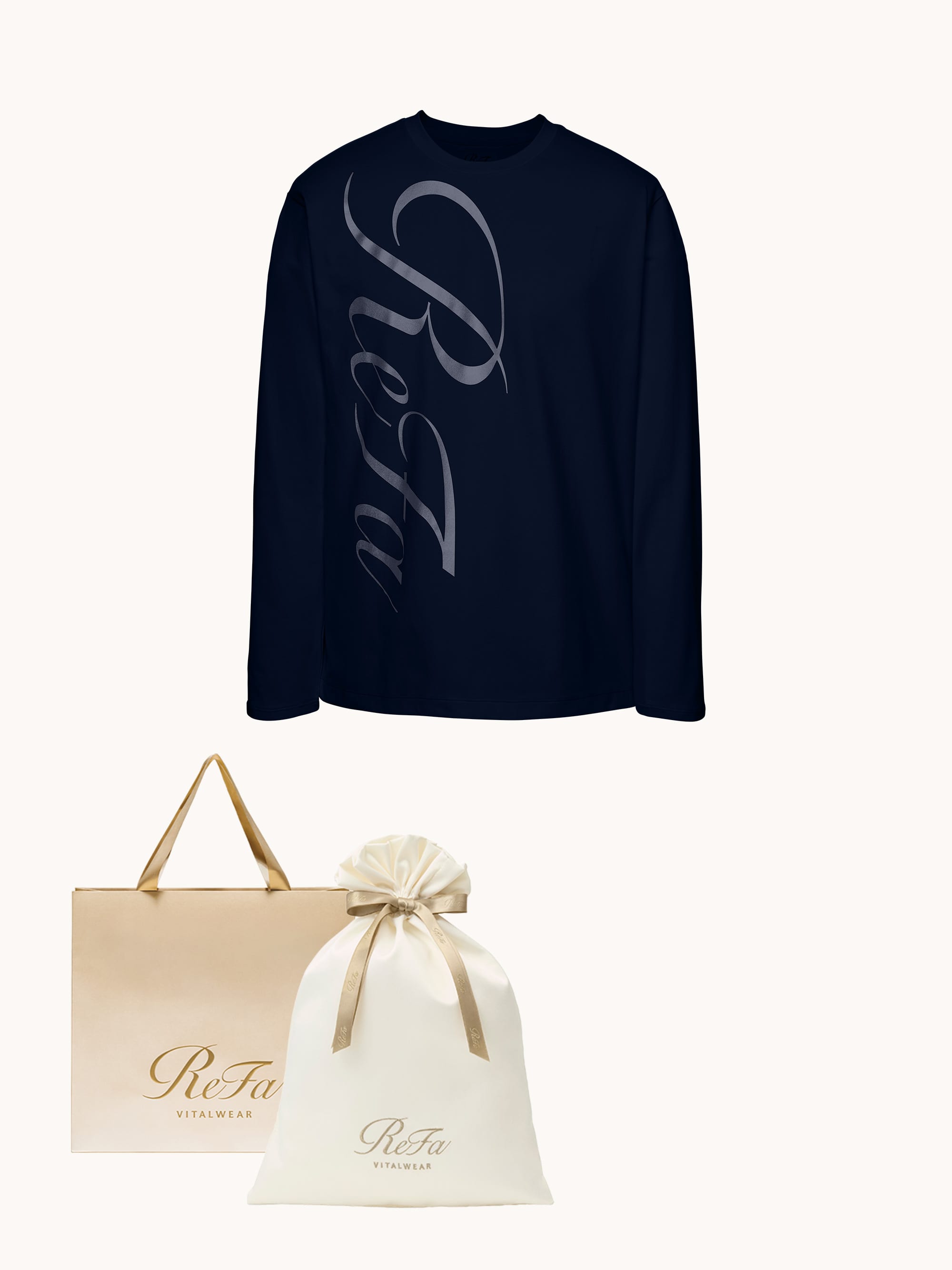 【ReFa VITALWEARギフトラッピングセットL & ショッパーM】リファ バイタルテック コンフォートジャージー クルーネックロングTシャツ リファロゴ ネイビー S