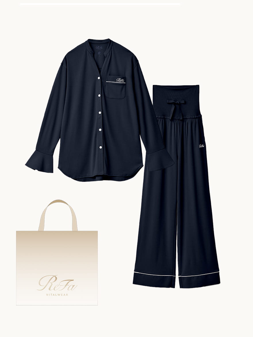 【ReFa VITALWEARギフトショッパーセットM】リファバイタルテック モイストスムース スタンドカラースリープウェア/WOMEN ネイビー SS