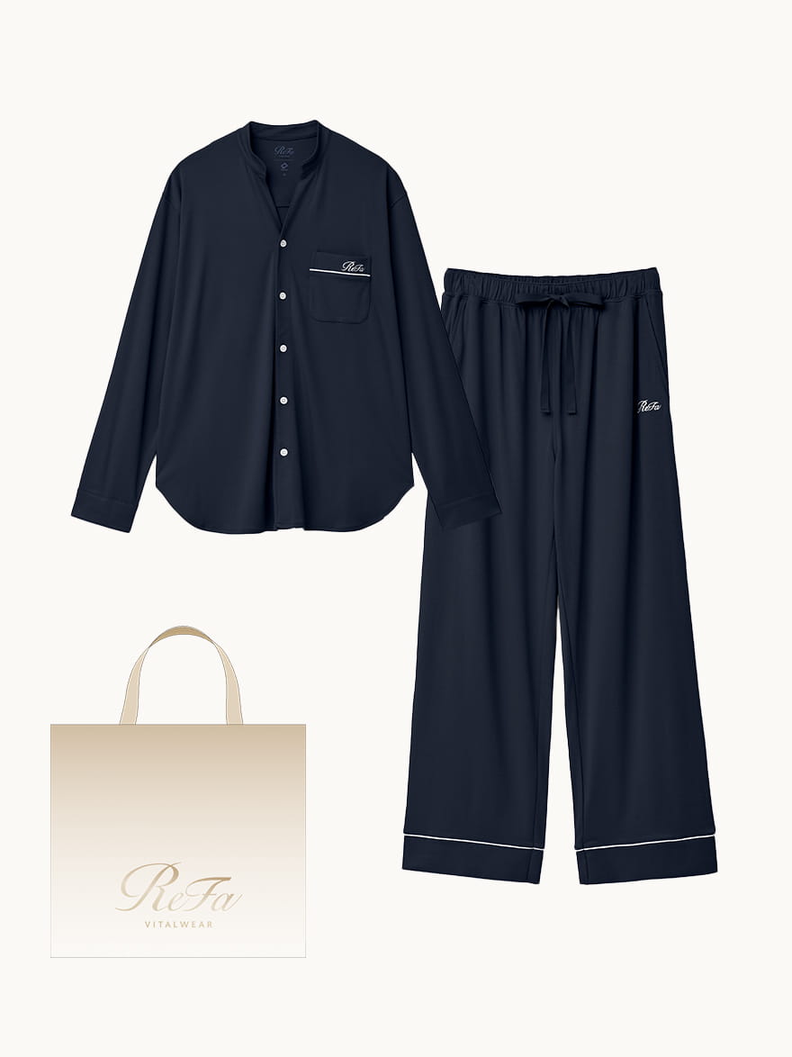 【ReFa VITALWEARギフトショッパーセットM】リファバイタルテック モイストスムース スタンドカラースリープウェア/MEN ネイビー SS
