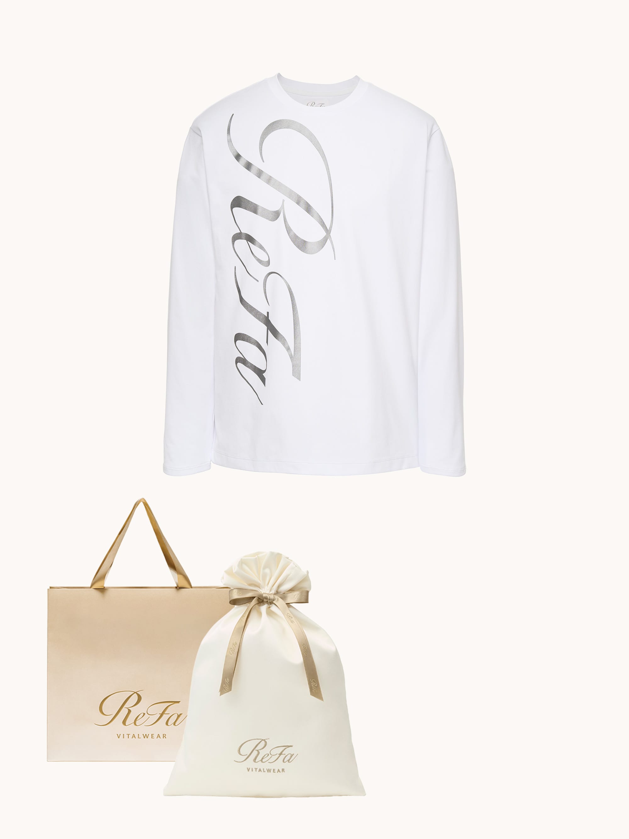 【ReFa VITALWEARギフトラッピングセットL & ショッパーM】リファ バイタルテック コンフォートジャージー クルーネックロングTシャツ リファロゴ シルバー S