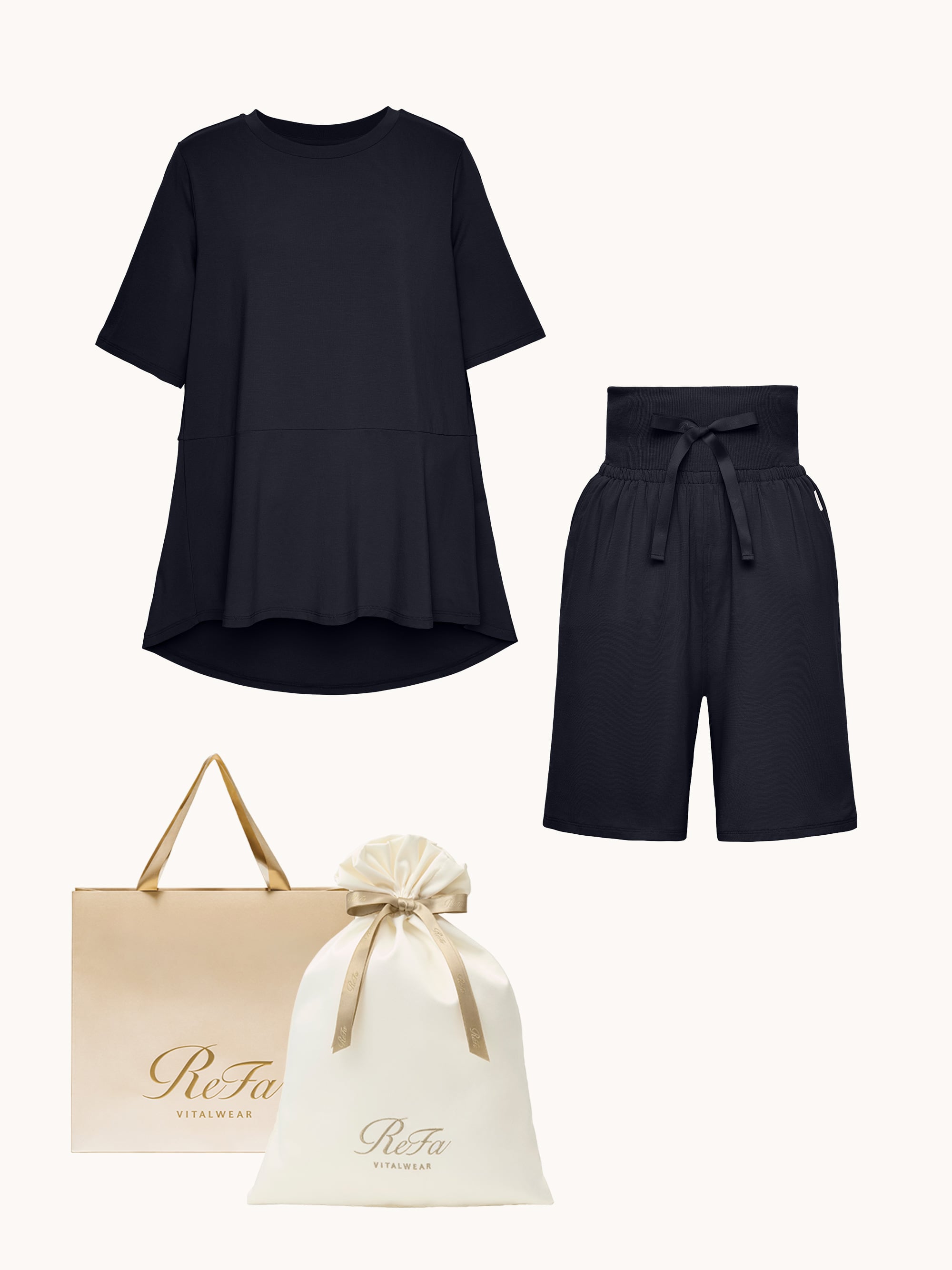 【ReFa VITALWEARギフトラッピングセットL + ショッパーM】リファ バイタルテック ストレッチスムース ショートスリーブプルオーバー&ストレッチスムース ショートパンツ/WOMEN ネイビー M
