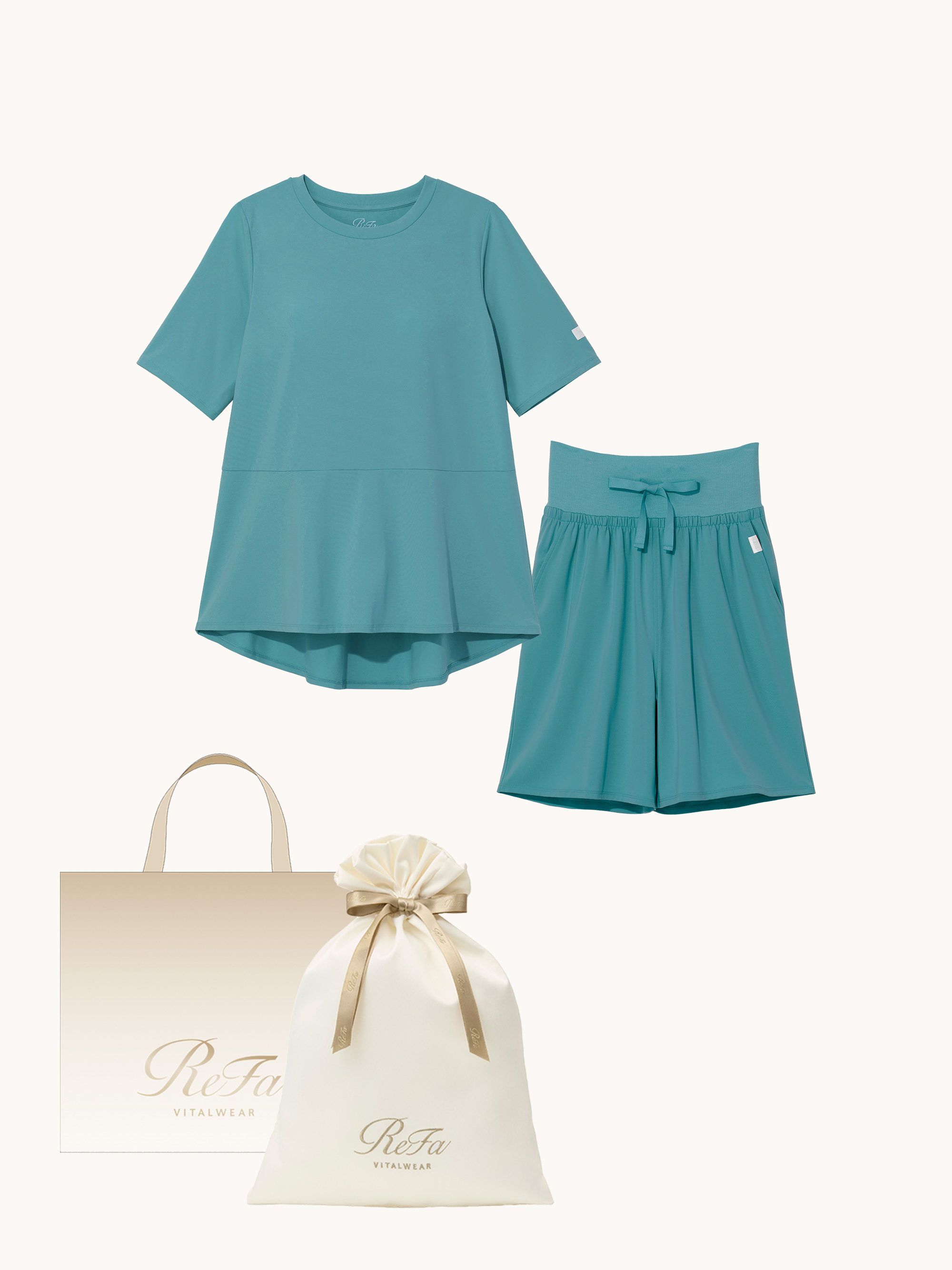 【ReFa VITALWEARギフトラッピングセットL + ショッパーM】リファ バイタルテック ストレッチスムース ショートスリーブプルオーバー&ストレッチスムース ショートパンツ/WOMEN ターコイズ M