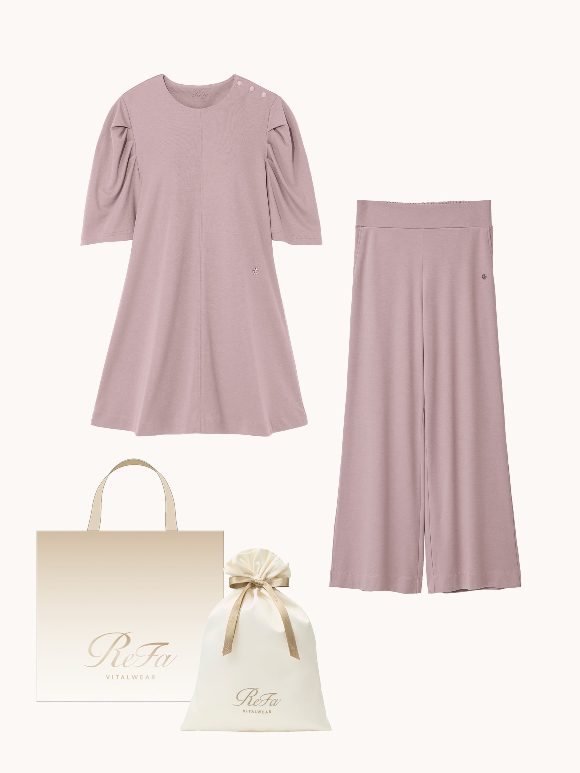 【ReFa VITALWEARギフトラッピングセットL + ショッパーM】リファ バイタルテック モイストスムース ギャザーショートスリーブプルオーバー &モイストスムース ワイドパンツ