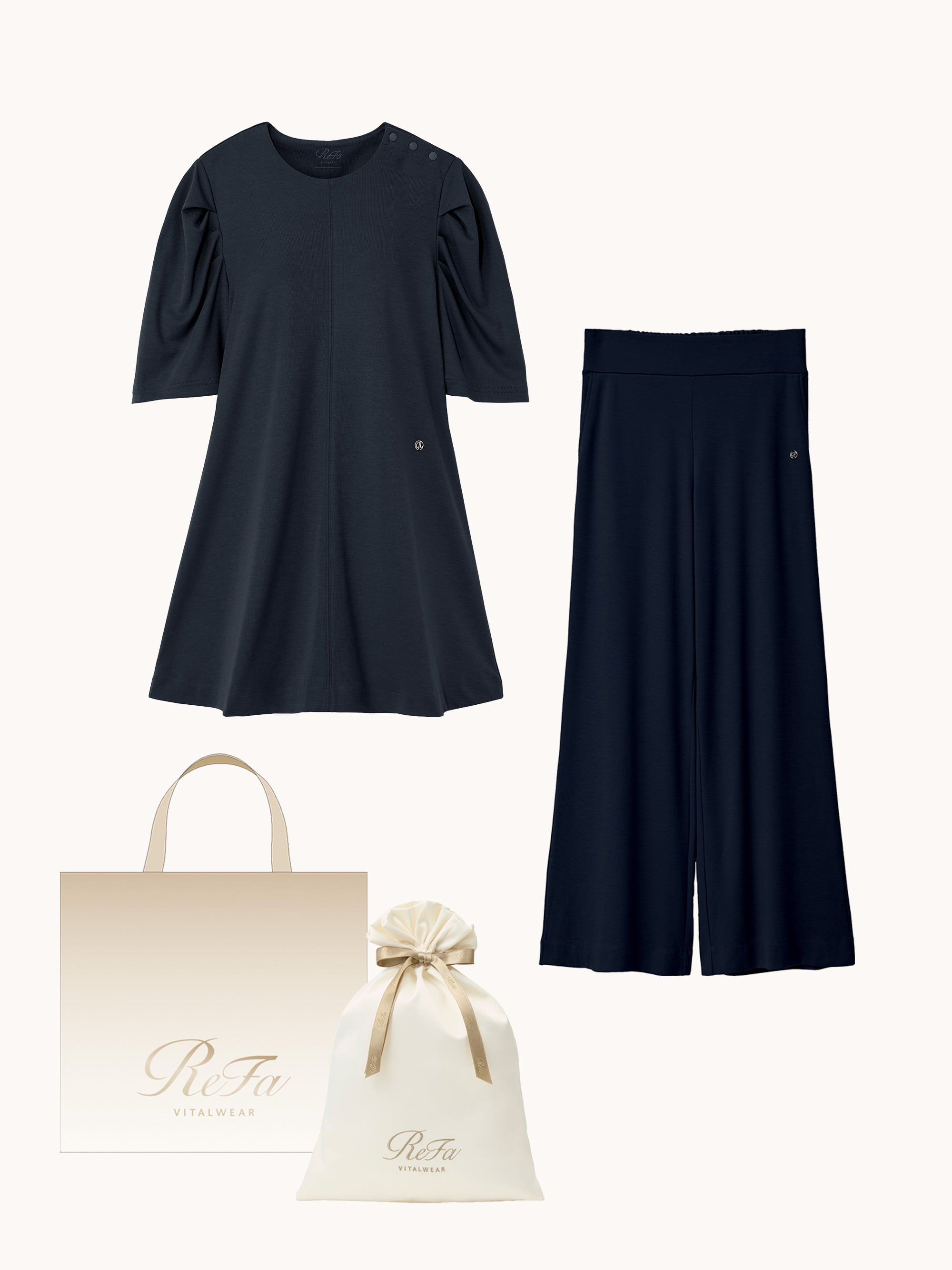 【ReFa VITALWEARギフトラッピングセットL + ショッパーM】リファ バイタルテック モイストスムース ギャザーショートスリーブプルオーバー &モイストスムース ワイドパンツ ネイビー M