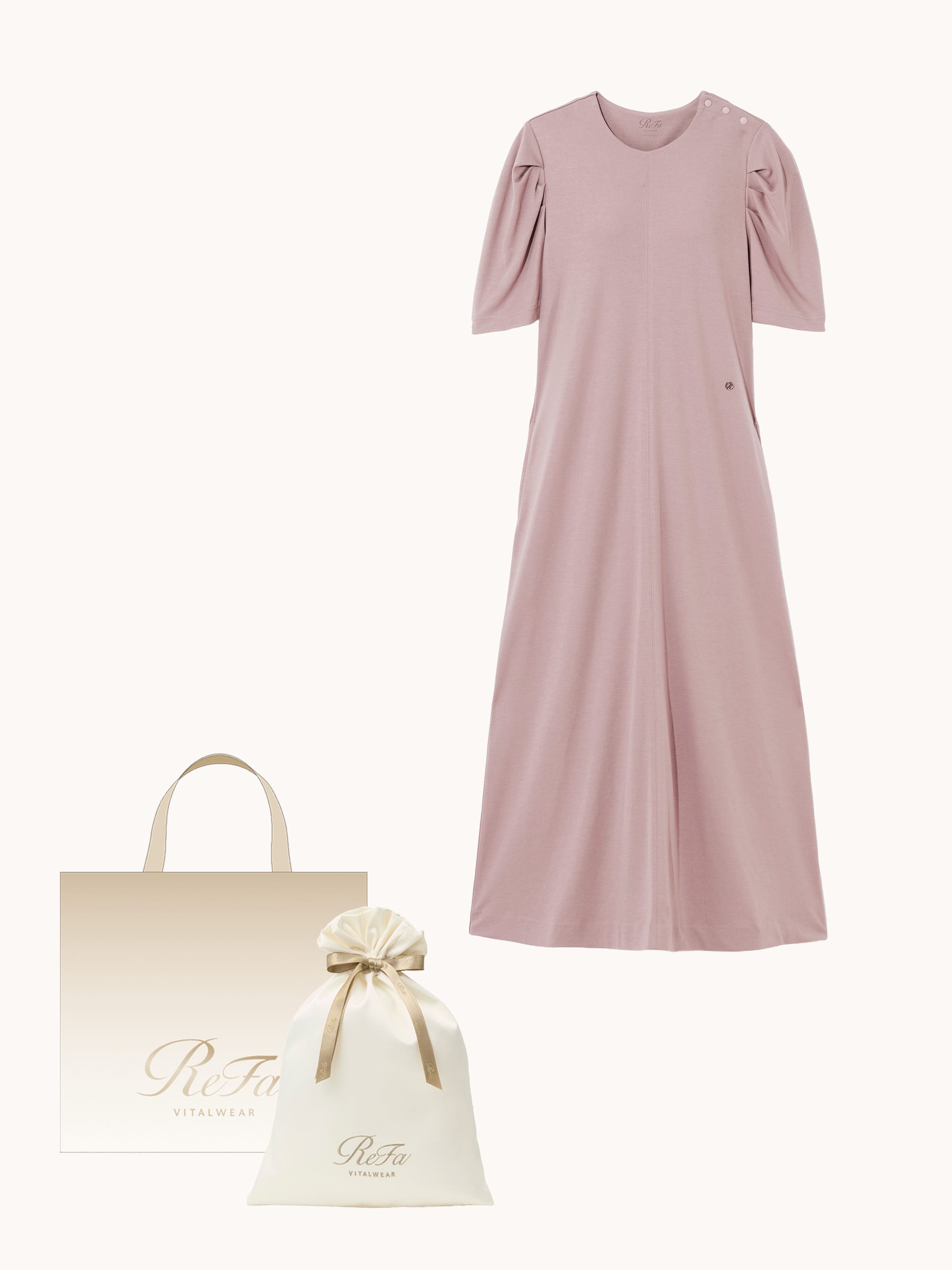 【ReFa VITALWEARギフトラッピングセットL + ショッパーM】リファ バイタルテック モイストスムース ギャザーショートスリーブマキシレングスシャツ