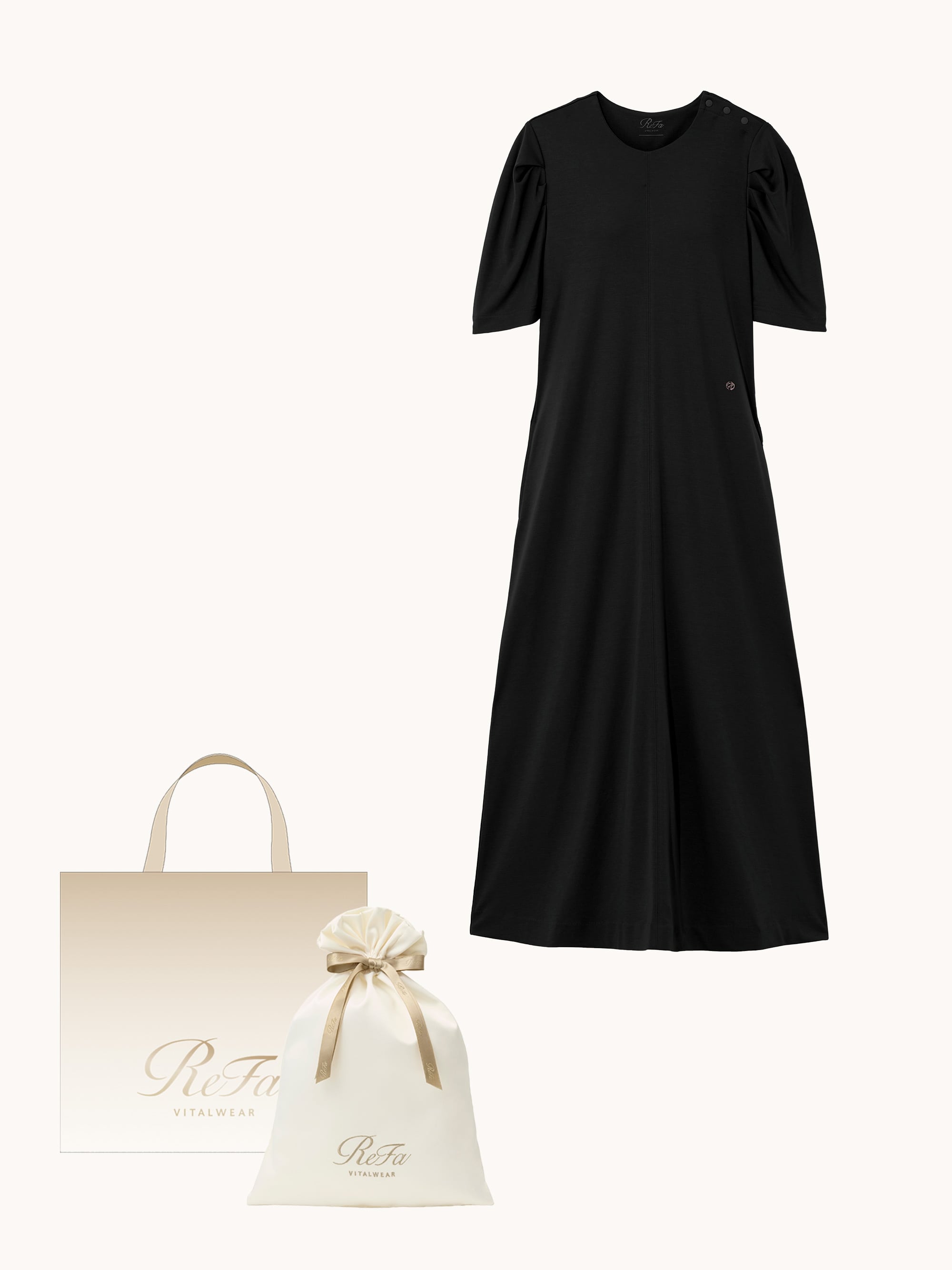【ReFa VITALWEARギフトラッピングセットL + ショッパーM】リファ バイタルテック モイストスムース ギャザーショートスリーブマキシレングスシャツ ブラック M