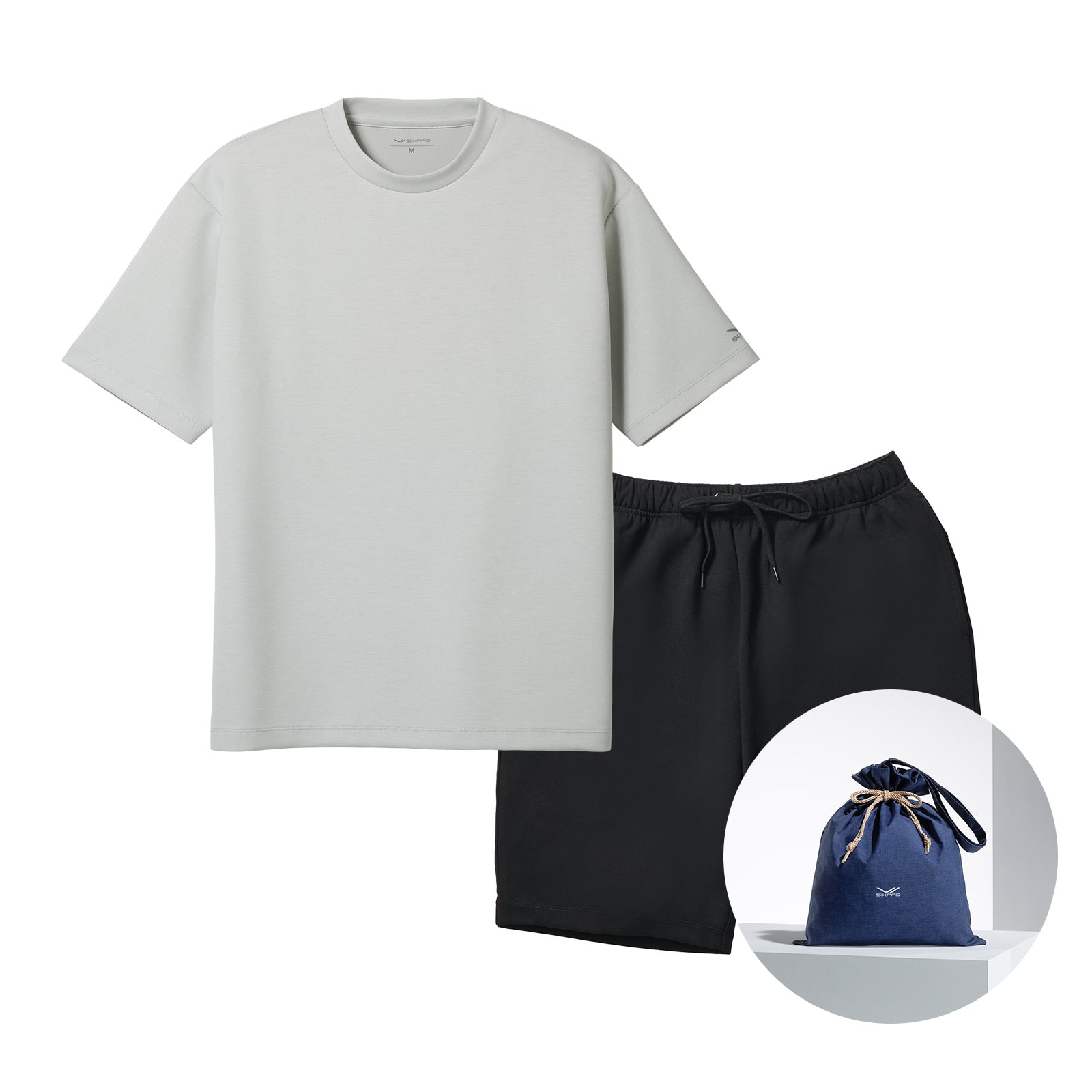 シックスパッド リカバリーウェア オーバーサイズTシャツ ライトグレー LL & シックスパッド リカバリーウェア ハーフパンツ ブラック LL & ギフト巾着バッグセット