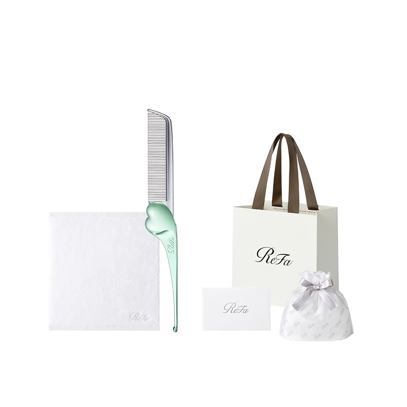 【ReFaプレミアムラッピングセット】リファハンドタオル（ホワイト）＋リファハートコーム アイラ（エメラルド）