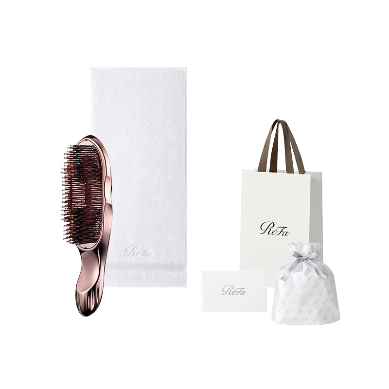 【ReFaプレミアムラッピングセット S】リファヘアフェイスタオル(ホワイト)+ リファイオンケアブラシプレミアム(ローズゴールド)