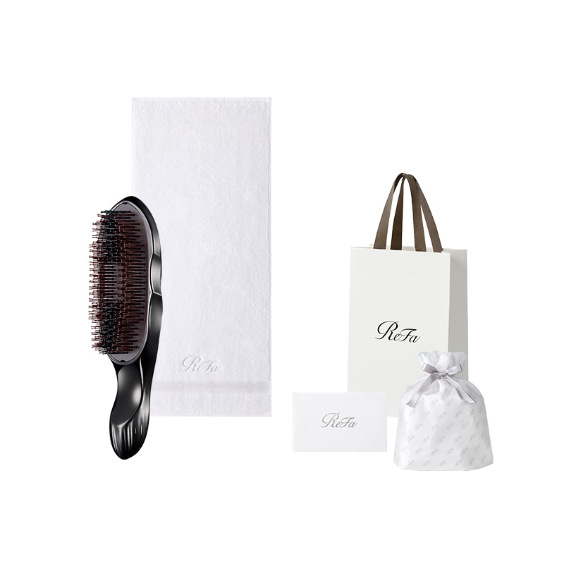 【ReFaプレミアムラッピングセット】リファヘアフェイスタオル（ホワイト）＋リファイオンケアブラシプレミアム（ブラック）