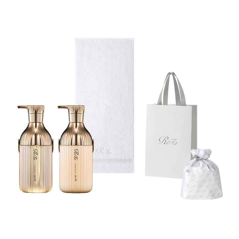 【ReFaギフトラッピングセット S】リファミルクプロテインシャンプーロイヤル & トリートメントロイヤル & リファヘアフェイスタオル(ホワイト)