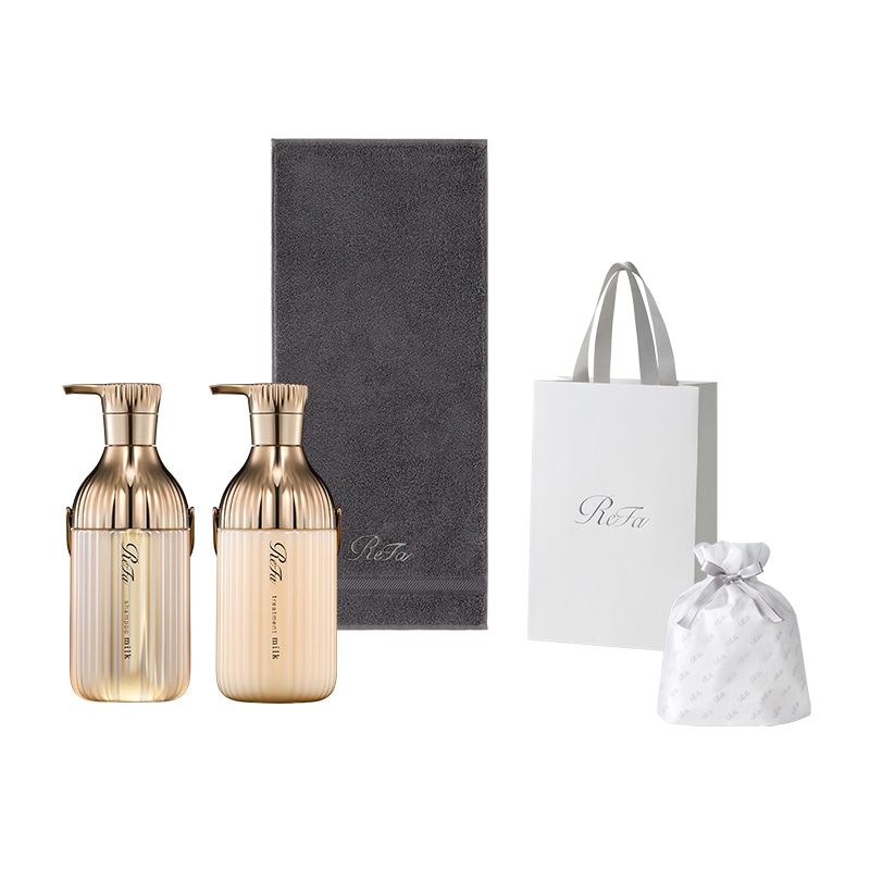 【ReFaギフトラッピングセット S】リファミルクプロテインシャンプーロイヤル & トリートメントロイヤル & リファヘアフェイスタオル(ダークグレー)