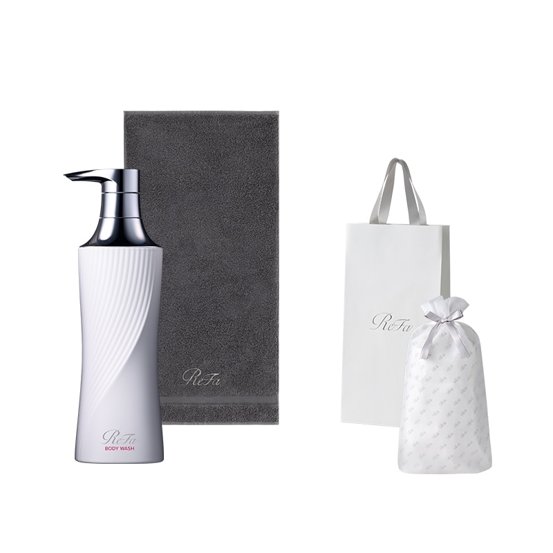【ReFaギフトラッピングセット S+】リファビューテックボディウォッシュ 500mL & リファミニバスタオル(ダークグレー)