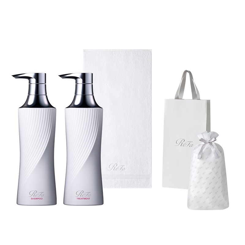 【ReFaギフトラッピングセット S+】リファビューテックシャンプー 500mL & リファビューテックトリートメント 500g & リファミニバスタオル(ホワイト)