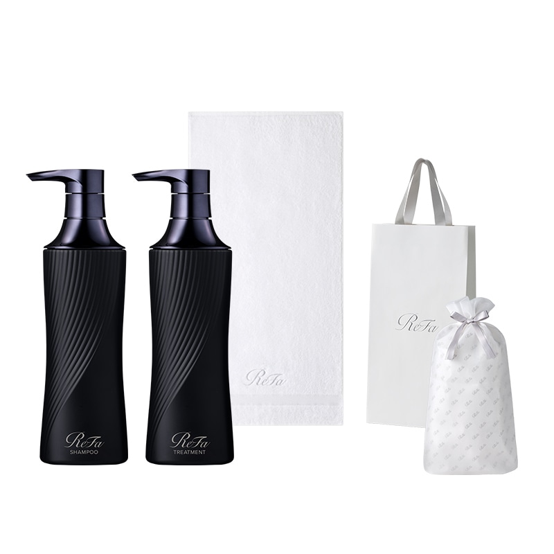 【ReFaギフトラッピングセット S+】リファビューテックシャンプー 500mL(ブラック)& リファビューテックトリートメント 500g(ブラック) & リファミニバスタオル(ホワイト)