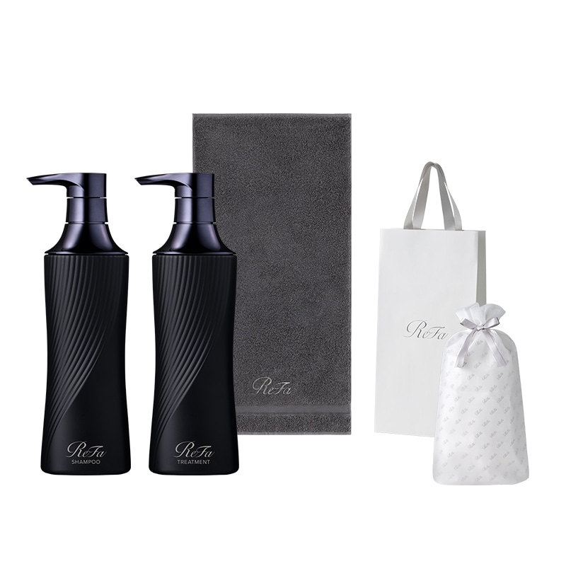 【ReFaギフトラッピングセット S+】リファビューテックシャンプー 500mL(ブラック)& リファビューテックトリートメント 500g(ブラック) & リファミニバスタオル(ダークグレー)
